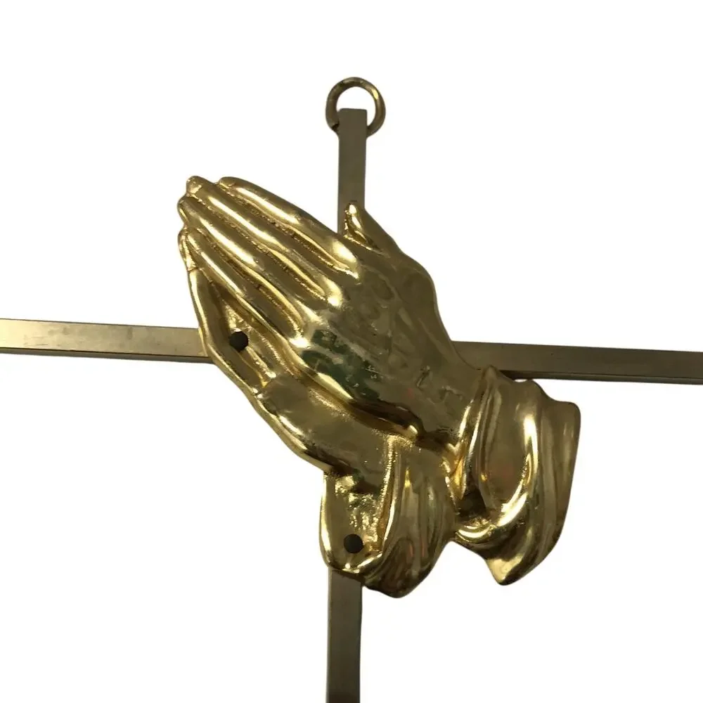 MCM Gold Tone Brass Minimalist Super Skinny Wall Cross Crucifix w/Praying Hands